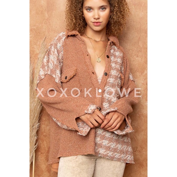 POL Half Button Houndstooth Patchwork Pullover Top Oversized - Picture 3 of 12